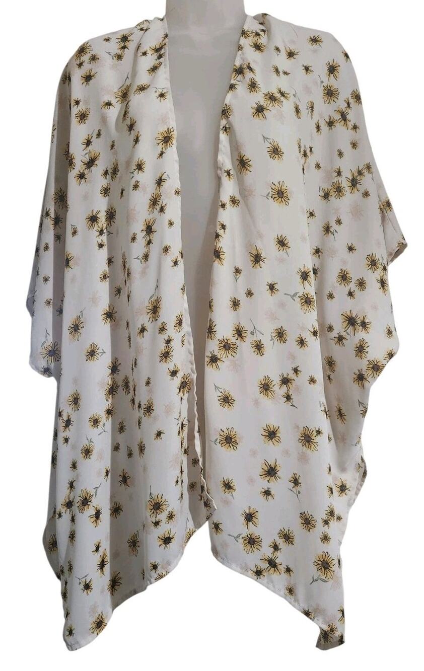 Maurices Sunflower Open Front Kimono Womens OS White Floral Boho Festival Hippie